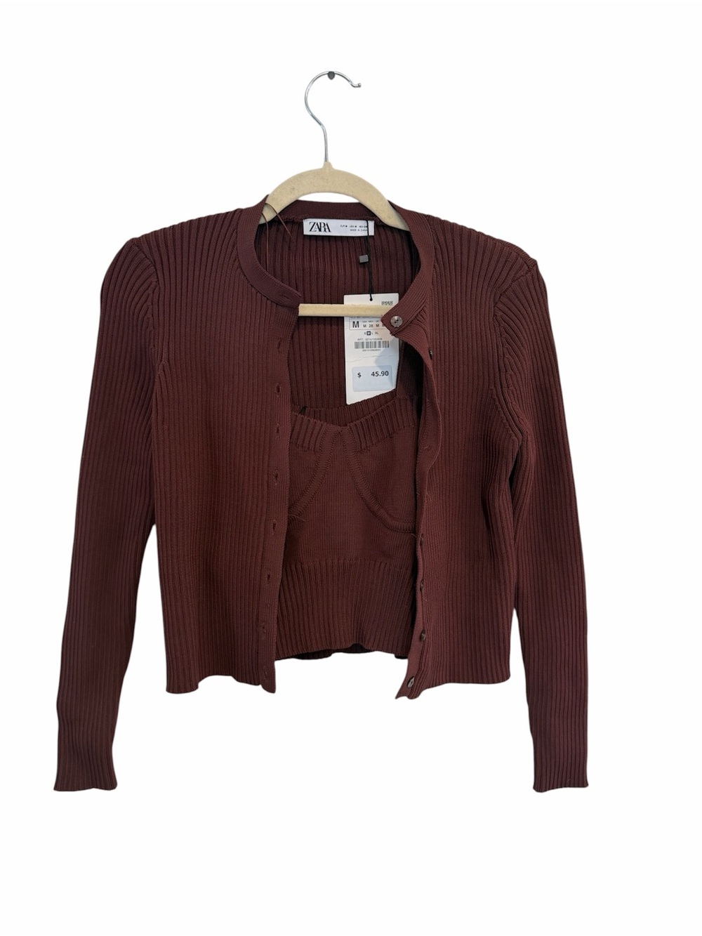 ZARA Ribbed Two-Piece Cardigan and Cami in Deep Brown